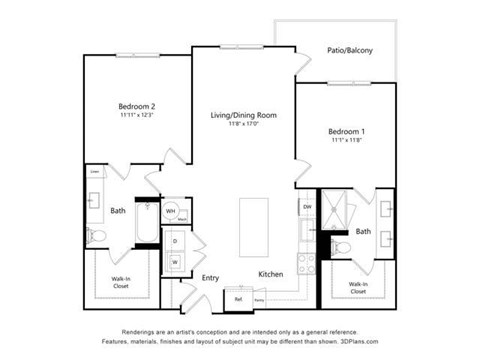 Floor plan for 2 beds, 2 baths, 1155 sqft